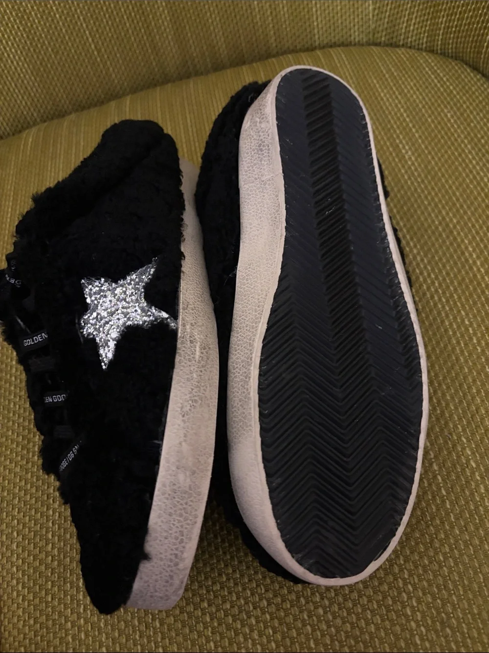 Golden Goose Black Fuzzy Star Slip-Ons with Silver Glitter Accent